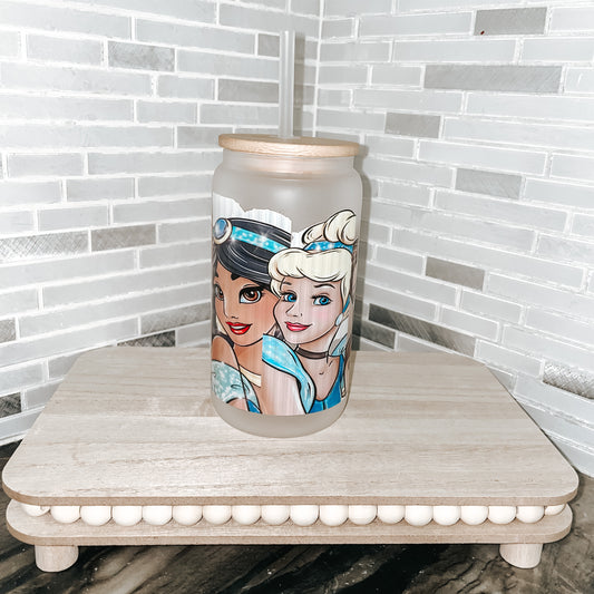16oz Disney Princess (5) Frosted Glass Cup with Bamboo Lid & Straw