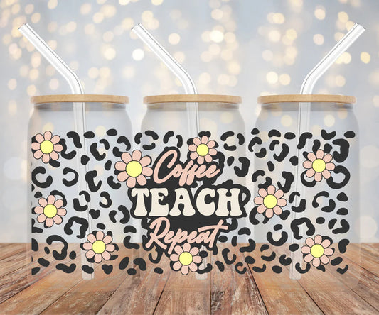 16oz Teacher Leopard Glass Cup with Bamboo Lid & Glass Straw
