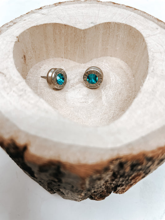 9MM Bullet Earrings with Blue Zircon Swarovski Crystals (December)