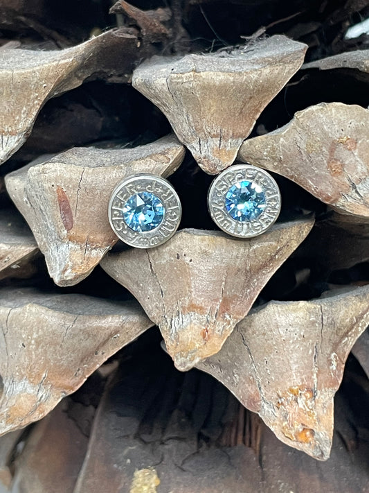 9MM Bullet Earrings with Aquamarine Swarovski Crystals (March)