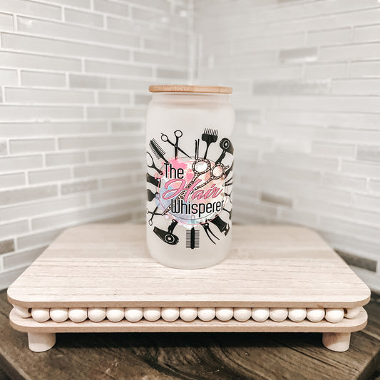 Hairstylist 16oz Frosted Glass Cup with Bamboo Lid & Plastic Straw