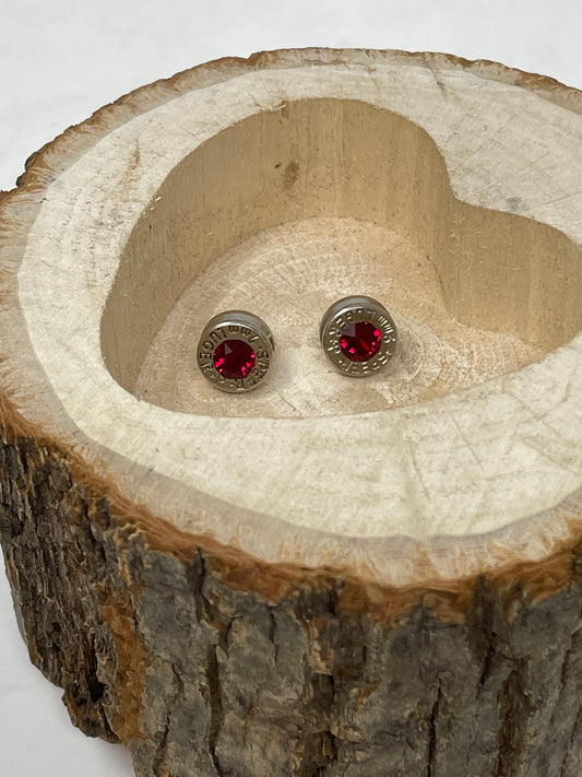9MM Bullet Earrings with Ruby Swarovski Crystals (July)
